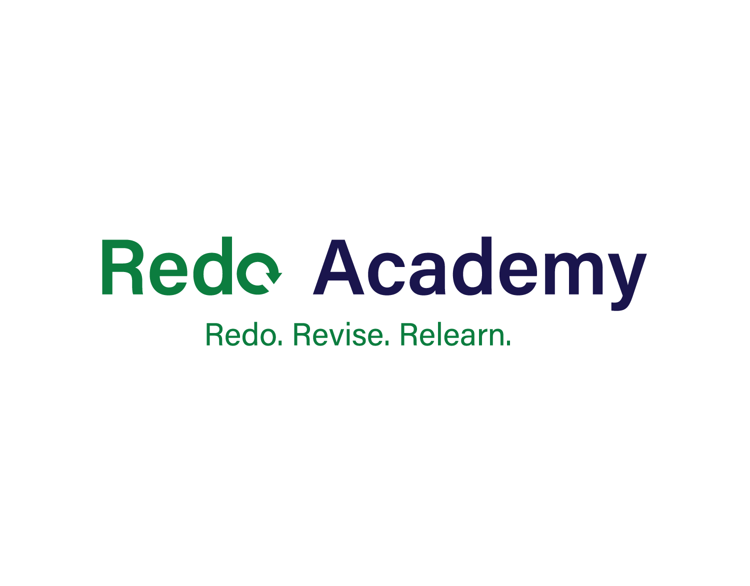 Redo Academy is the main phrase in this logo. Below it is a tagline
				which reads Redo. Revise. Relearn. The O in Redo is stylized into an arrow
				circling itself, and everything is colored green except the word Academy. 
				Academy's color is a dark shade of blue.